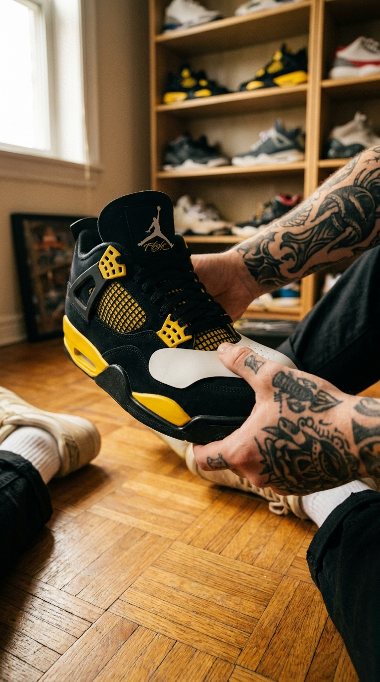 Main tatouée insérant un protège-plis dans une Jordan 4 Thunder